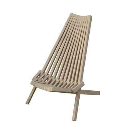 Folding acacia wood lounge chair by HouseOfZazla, beige slatted patio seating on Tampa Home & Garden Store