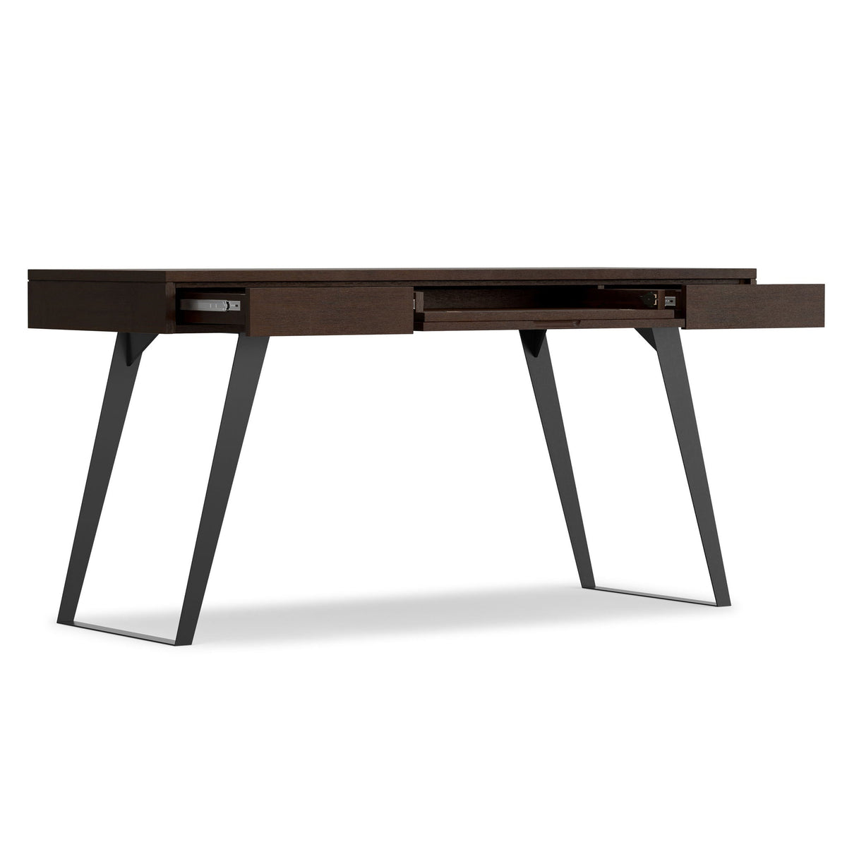 Handcrafted acacia writing desk with drawers, dark finish, and angular metal legs on Tampa Home & Garden Store