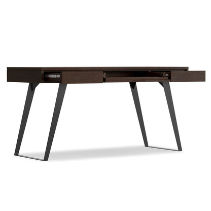 Handcrafted acacia writing desk with drawers, dark finish, and angular metal legs on Tampa Home & Garden Store