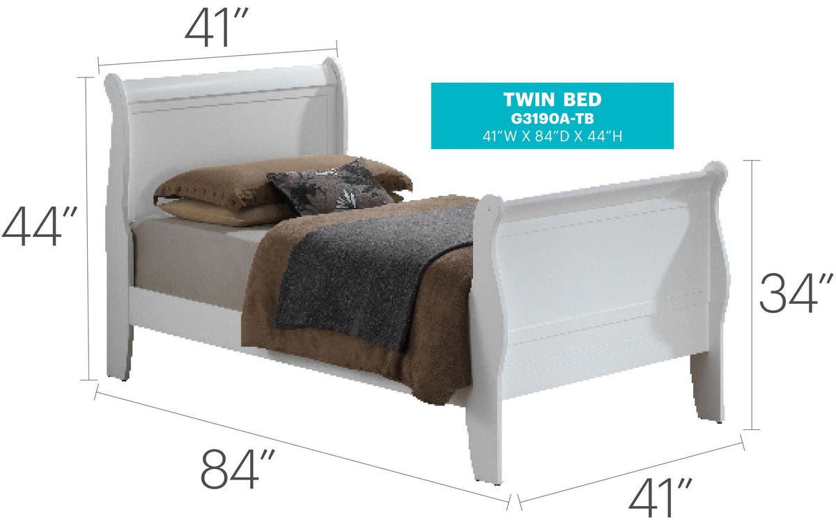 Panel Sleigh Bed white finish twin size with curved headboard and footboard on Tampa Home & Garden Store
