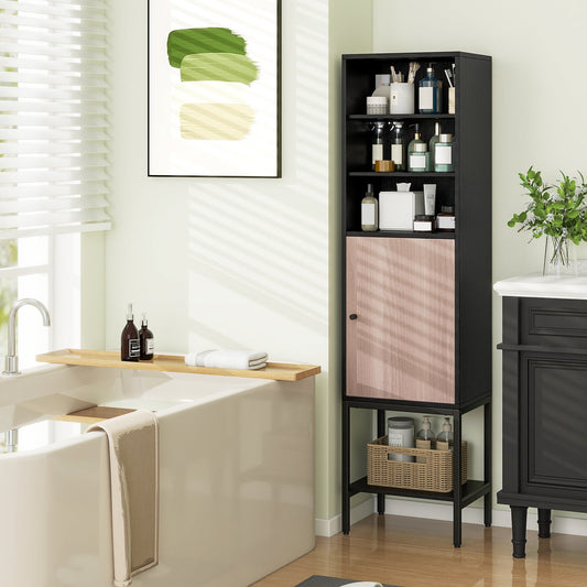 Mueble alto de baño de 57 pulgadas con 1 puerta y 4 estantes, unidad de almacenamiento estrecha - Negro