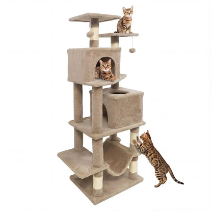57 Inch Cat Tree with Dual Condos and Hammock