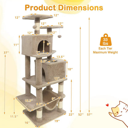 57 Inch Cat Tree with Dual Condos and Hammock