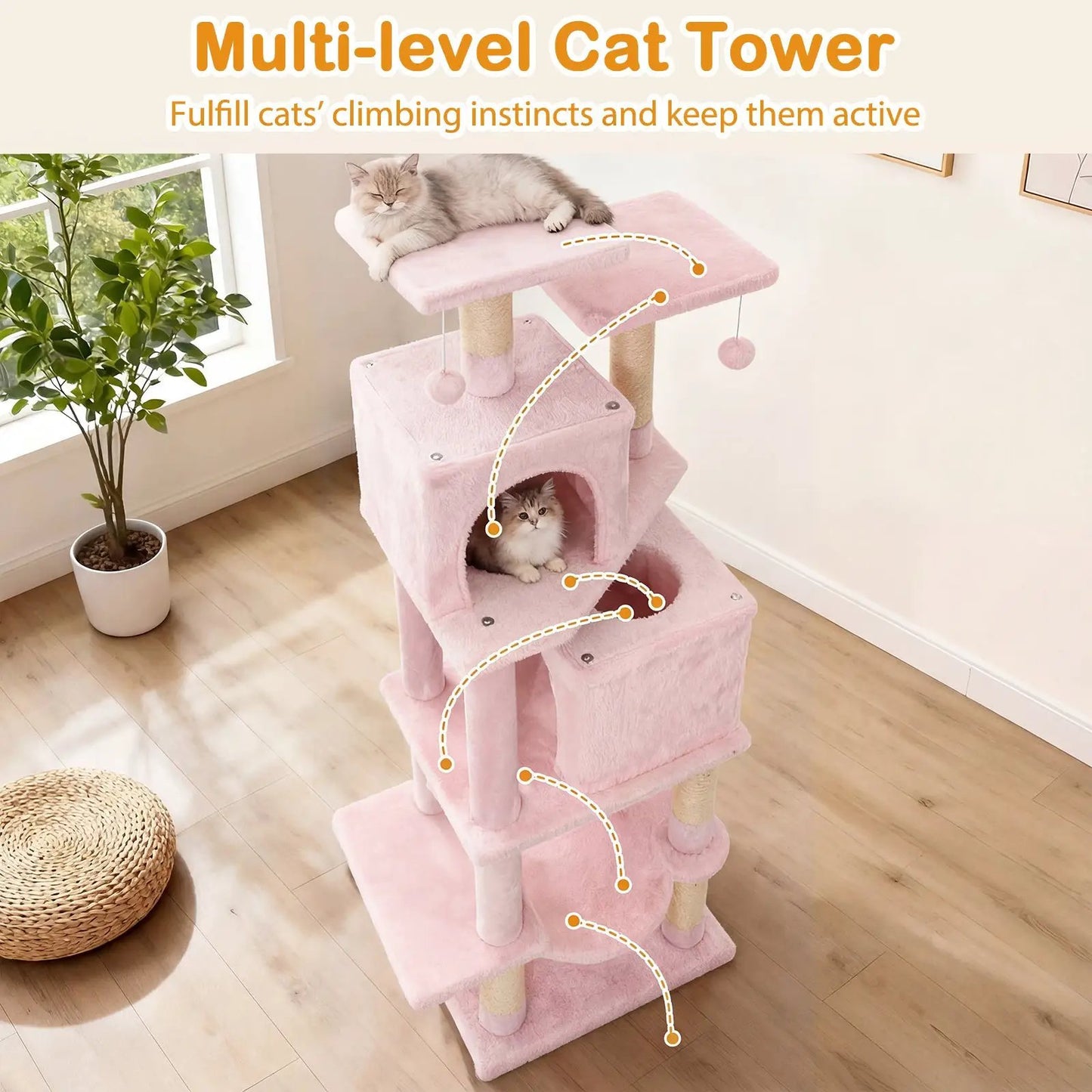 57 Inch Cat Tree with Dual Condos and Hammock