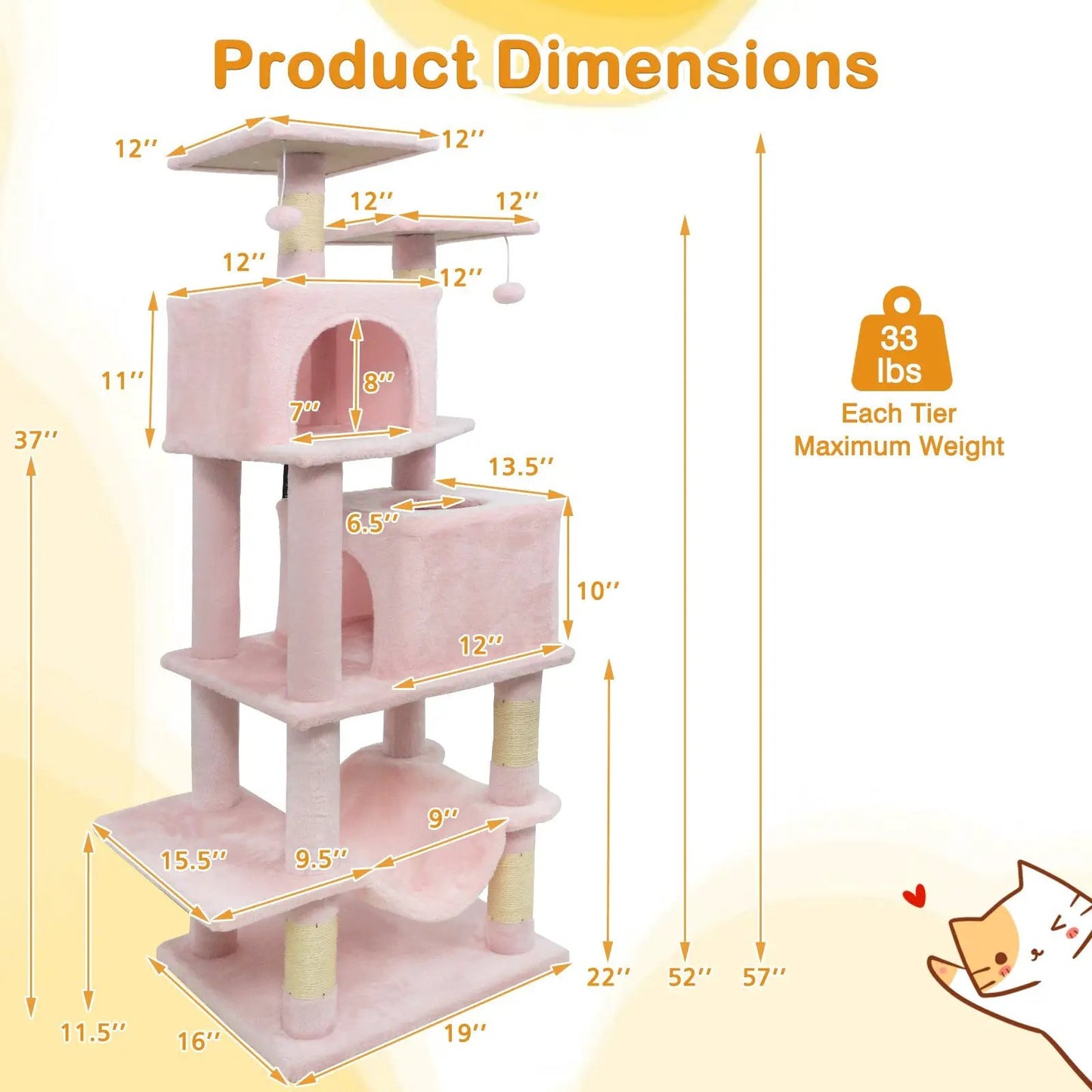 57 Inch Cat Tree with Dual Condos and Hammock