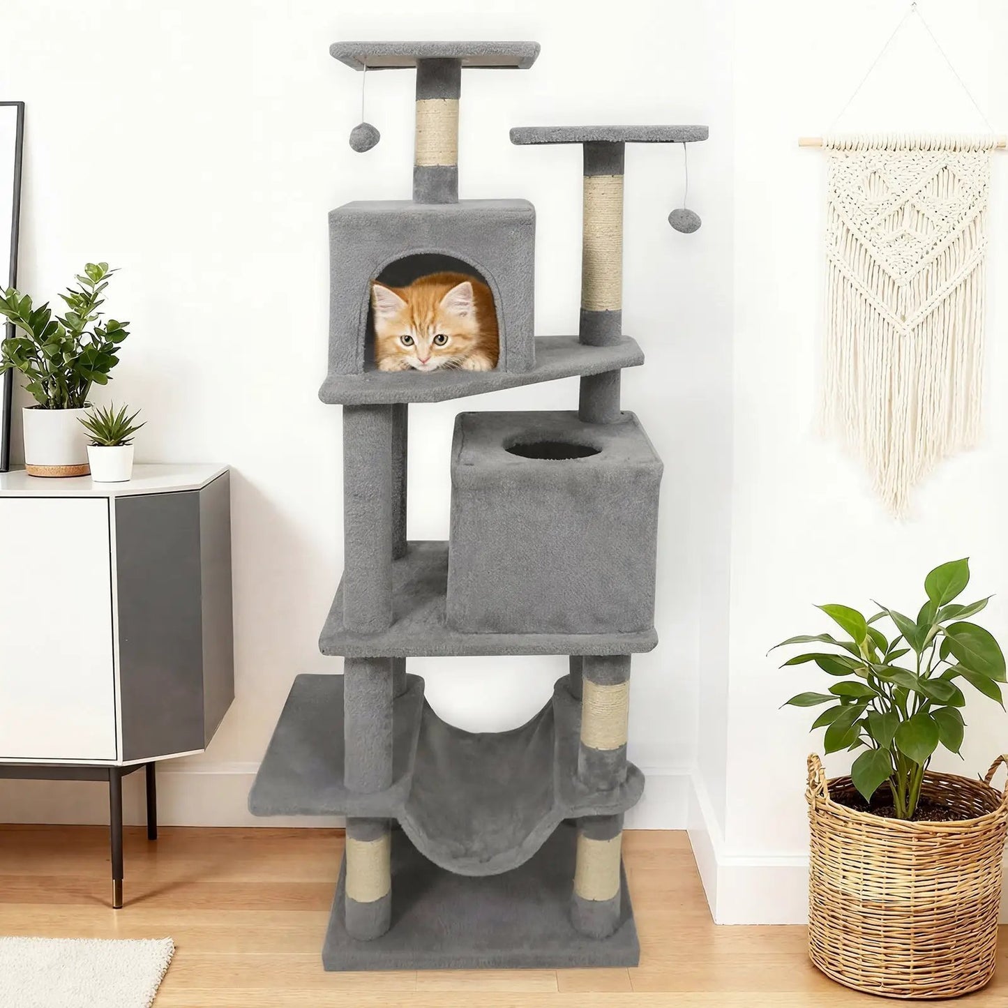 57 Inch Cat Tree with Dual Condos and Hammock
