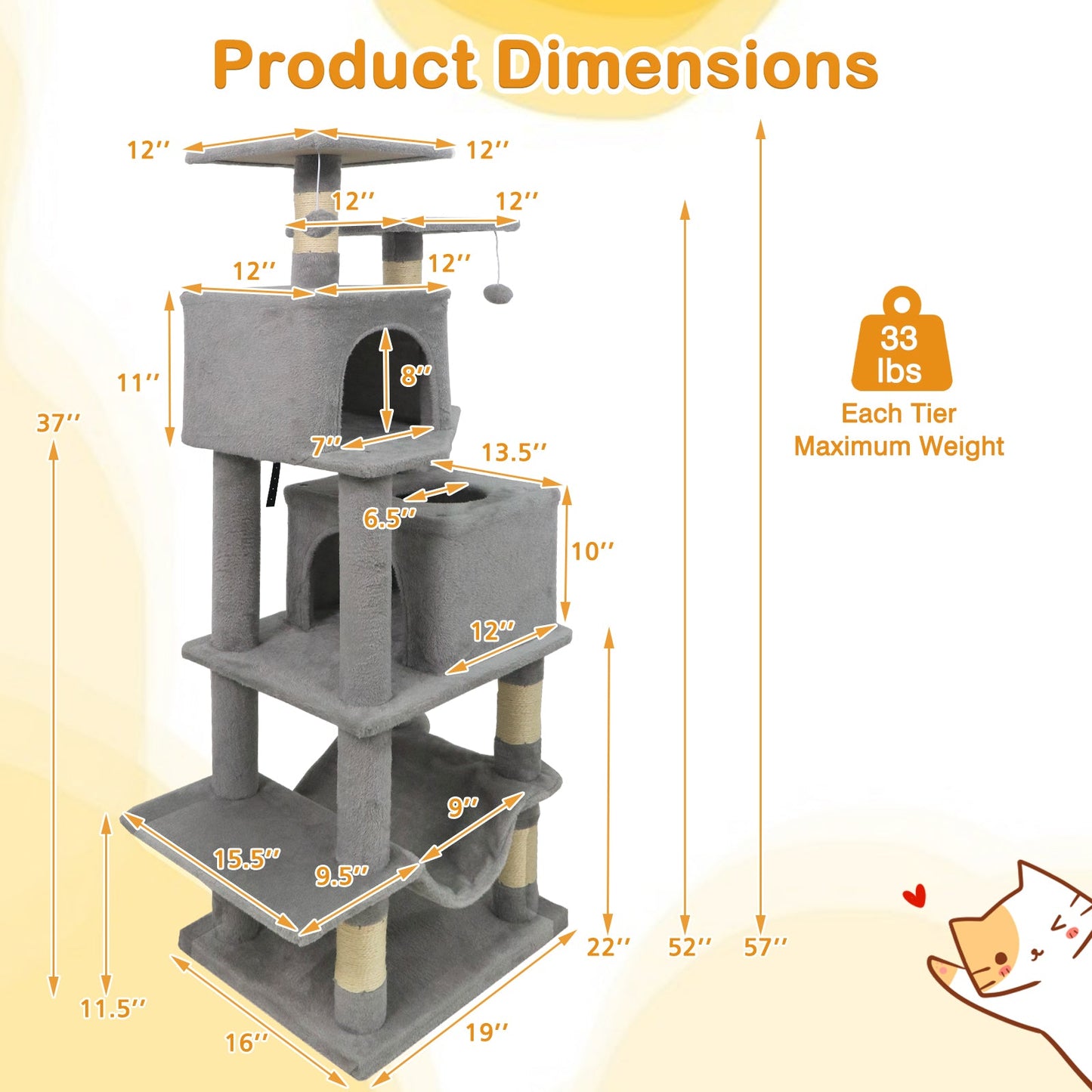 57 Inch Cat Tree with Dual Condos and Hammock
