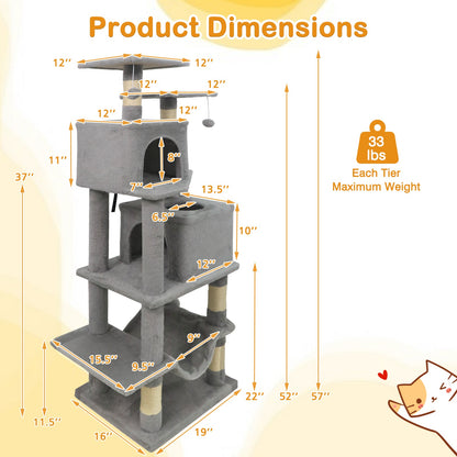 57 Inch Cat Tree with Dual Condos and Hammock