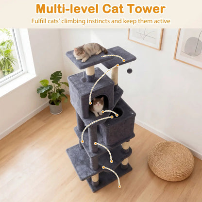57 Inch Cat Tree with Dual Condos and Hammock