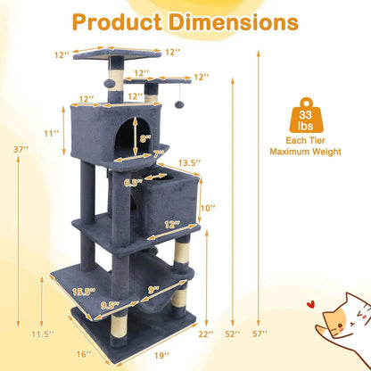 57 Inch Cat Tree with Dual Condos and Hammock