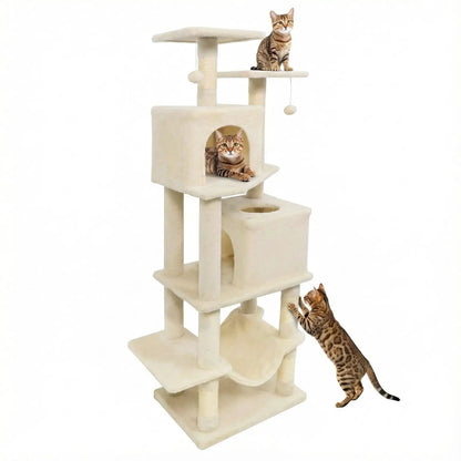 57 Inch Cat Tree with Dual Condos and Hammock