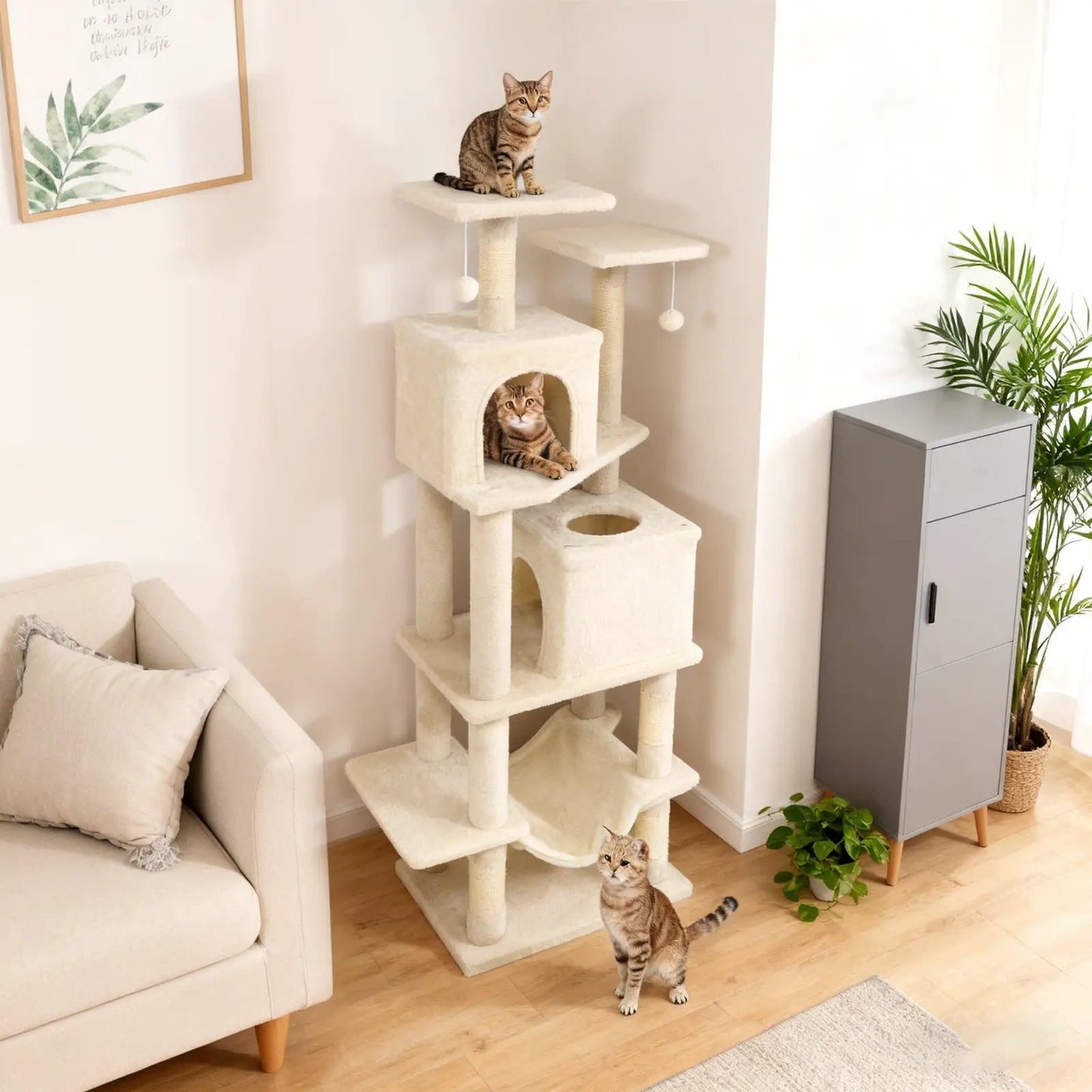 57 Inch Cat Tree with Dual Condos and Hammock