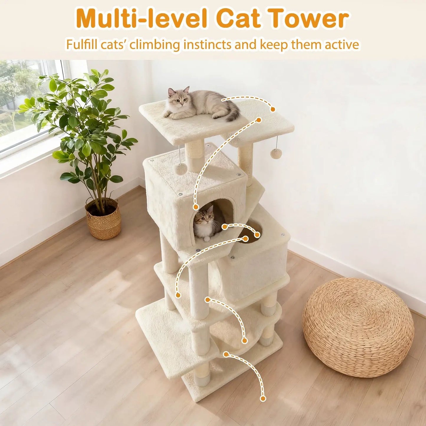 57 Inch Cat Tree with Dual Condos and Hammock