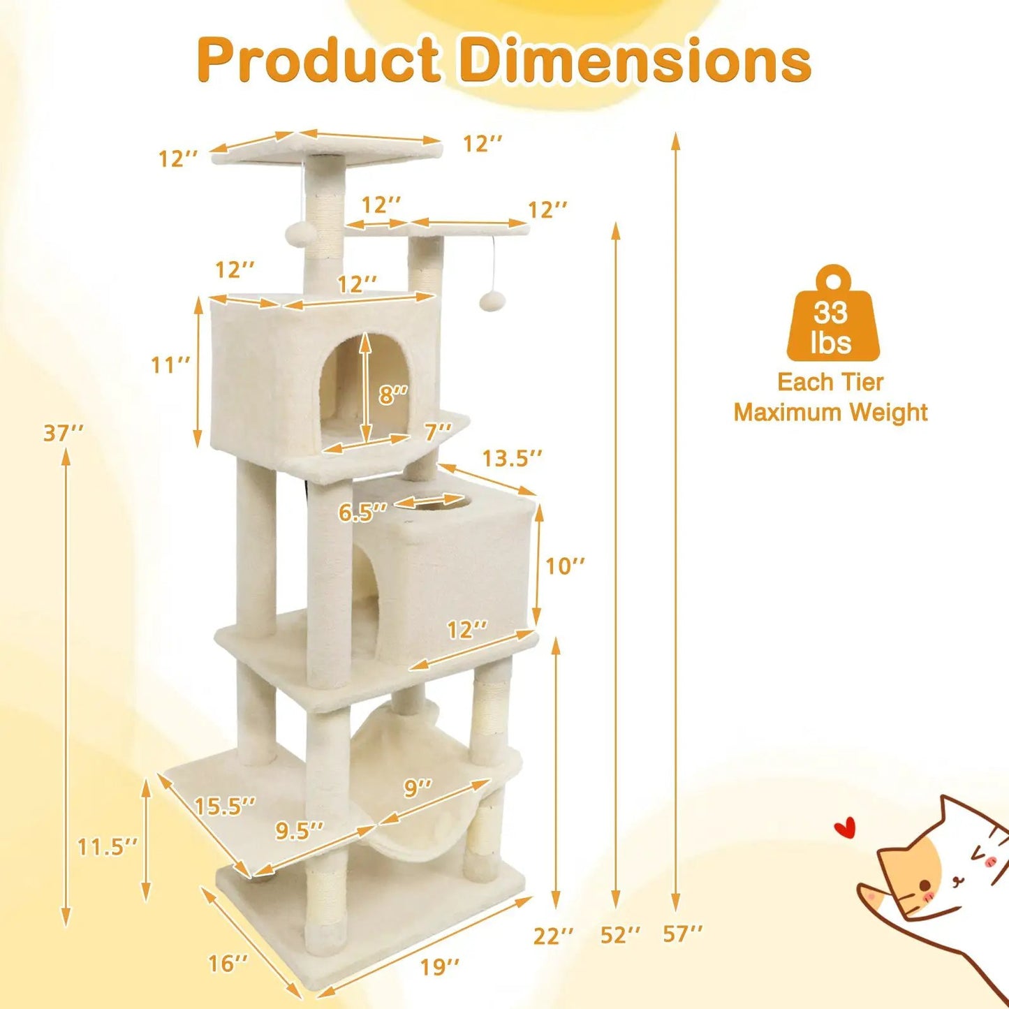 57 Inch Cat Tree with Dual Condos and Hammock