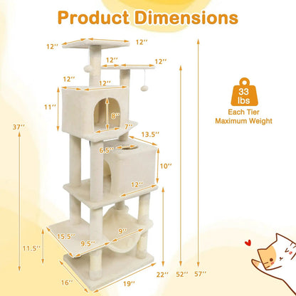 57 Inch Cat Tree with Dual Condos and Hammock
