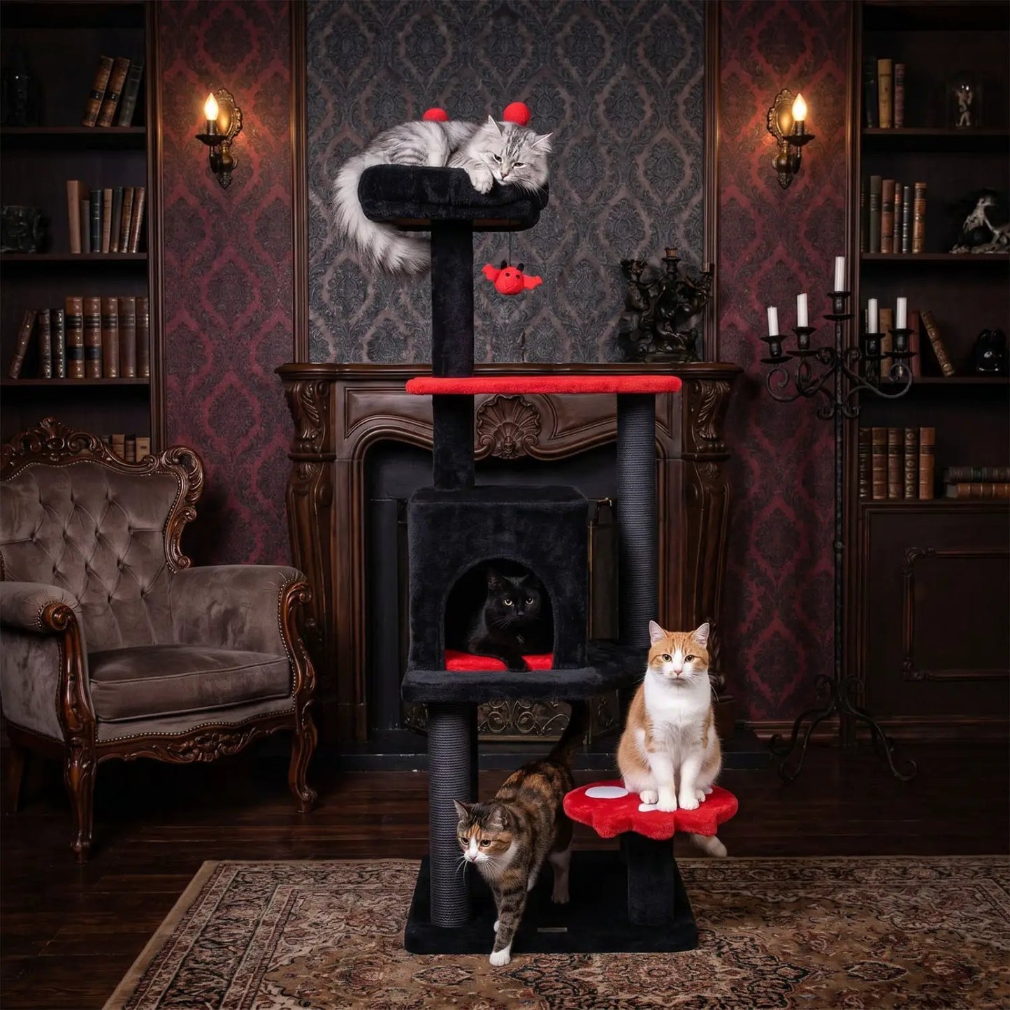 57 Gothic Cat Tower with Perch and Spider Toy