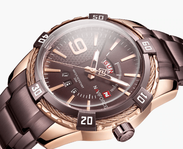 Men's steel waterproof watch with day/date display Stevvex ST1N100MK1 rose-gold bracelet on Tampa Home & Garden Store