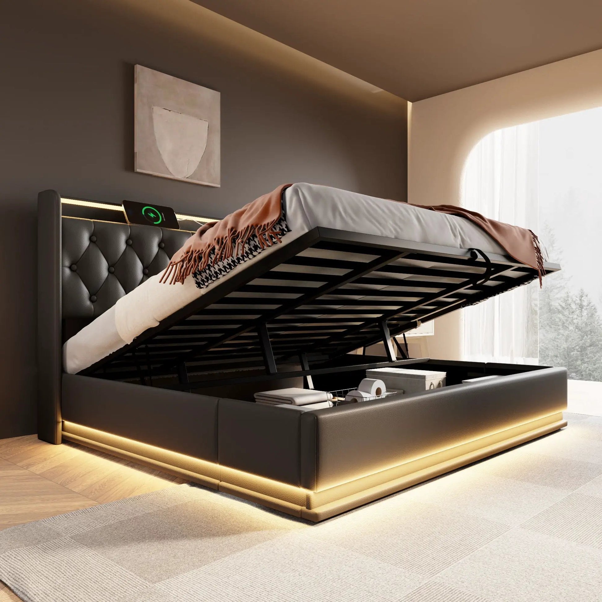 Upholstered storage bed in dark gray with hydraulic lift, LED base lighting, and remote control on Tampa Home & Garden Store