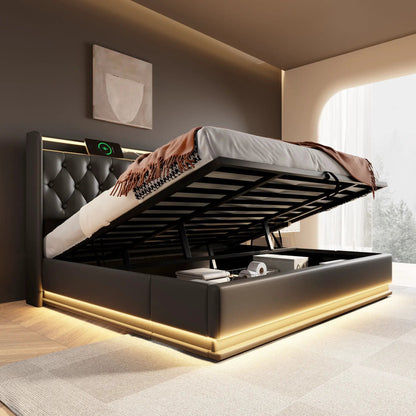Upholstered storage bed in dark gray with hydraulic lift, LED base lighting, and remote control on Tampa Home & Garden Store