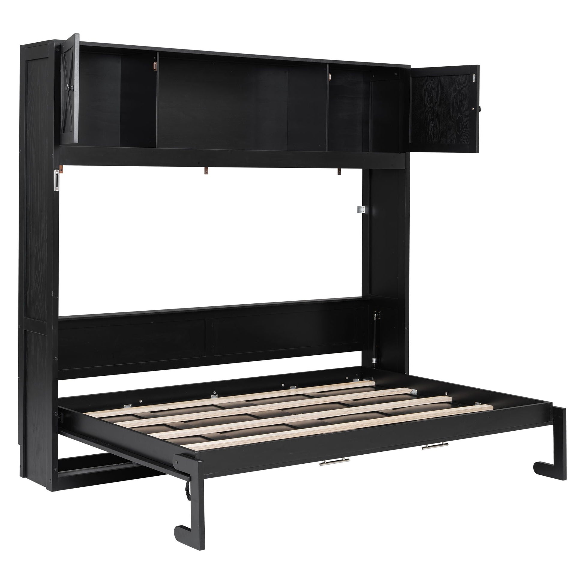 Murphy bed with storage cabinets in black wood finish, wall-bed frame with cabinet storage on Tampa Home & Garden Store