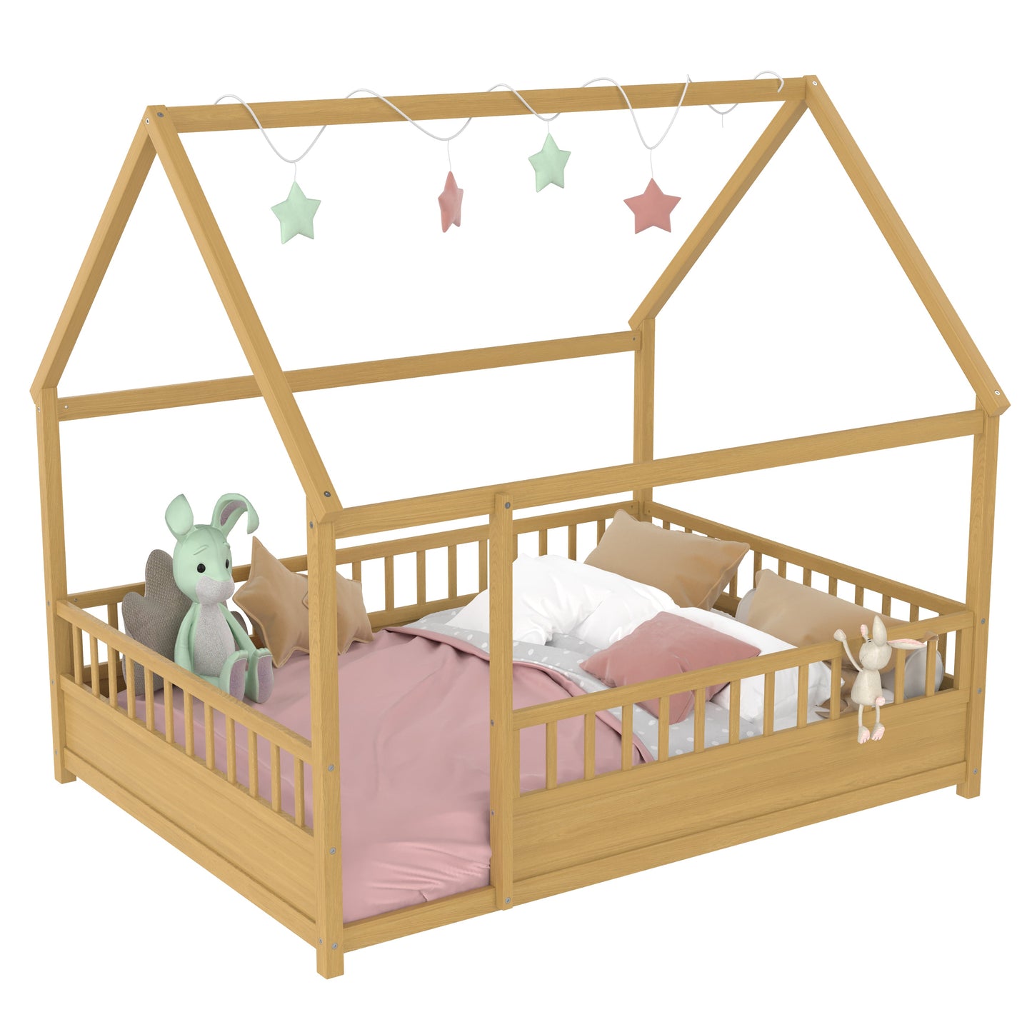 Full Size Wooden Bed with House Roof Frame, natural wood finish, pastel star decorations on Tampa Home & Garden Store