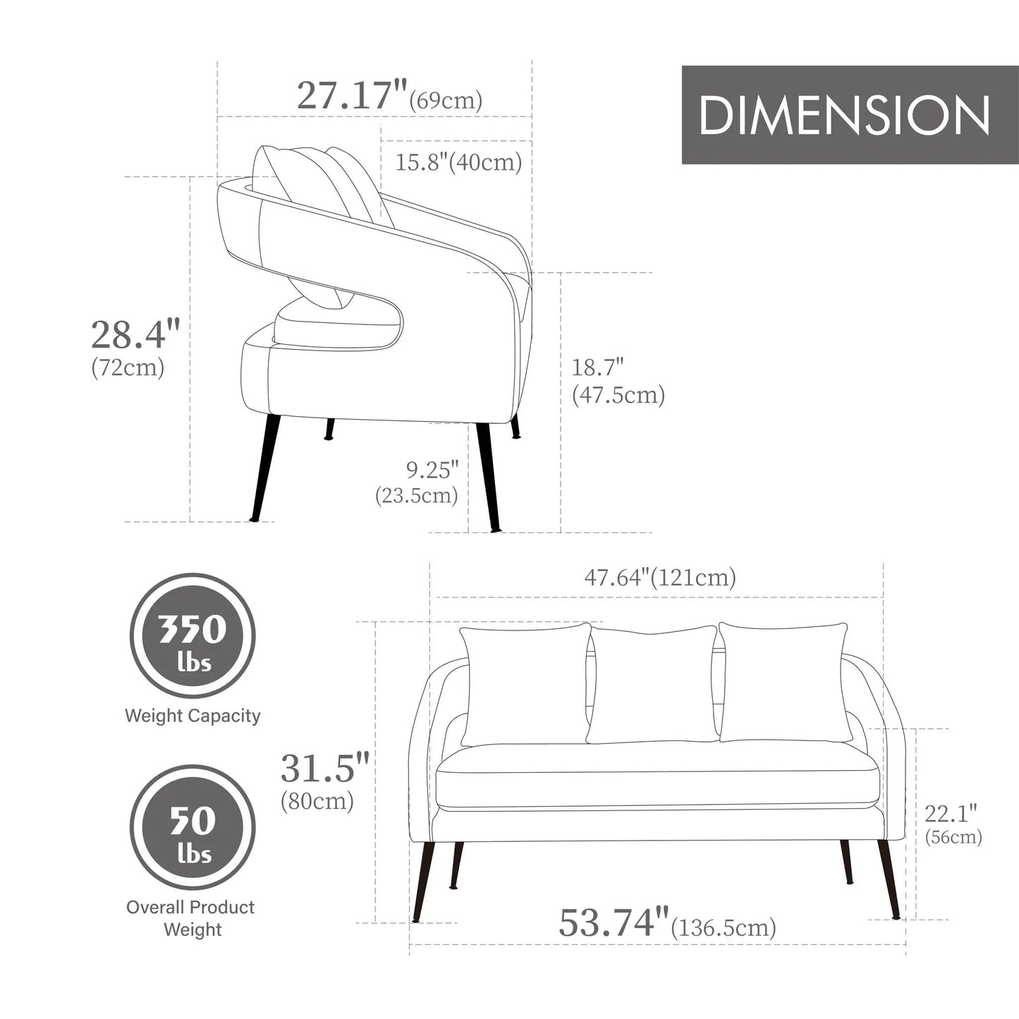 Open Back Loveseat Settee With Three Pillows