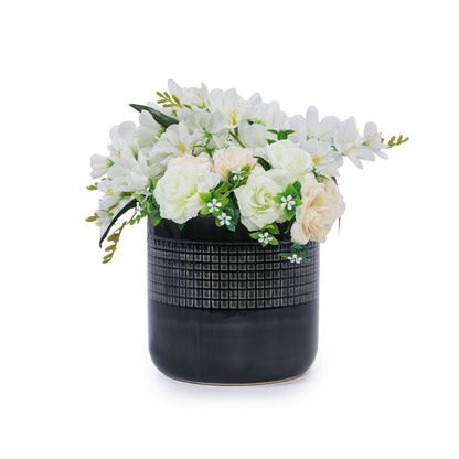 Garden pot saucer by HouseOfZazla in black textured finish with white floral arrangement on Tampa Home & Garden Store