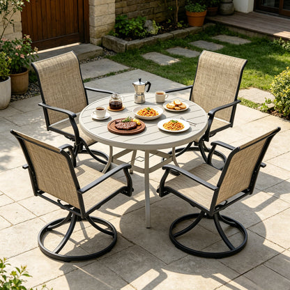 Outdoor Patio Furniture Set for 4 with Swivel Chairs beige woven seats around a table on Tampa Home & Garden Store