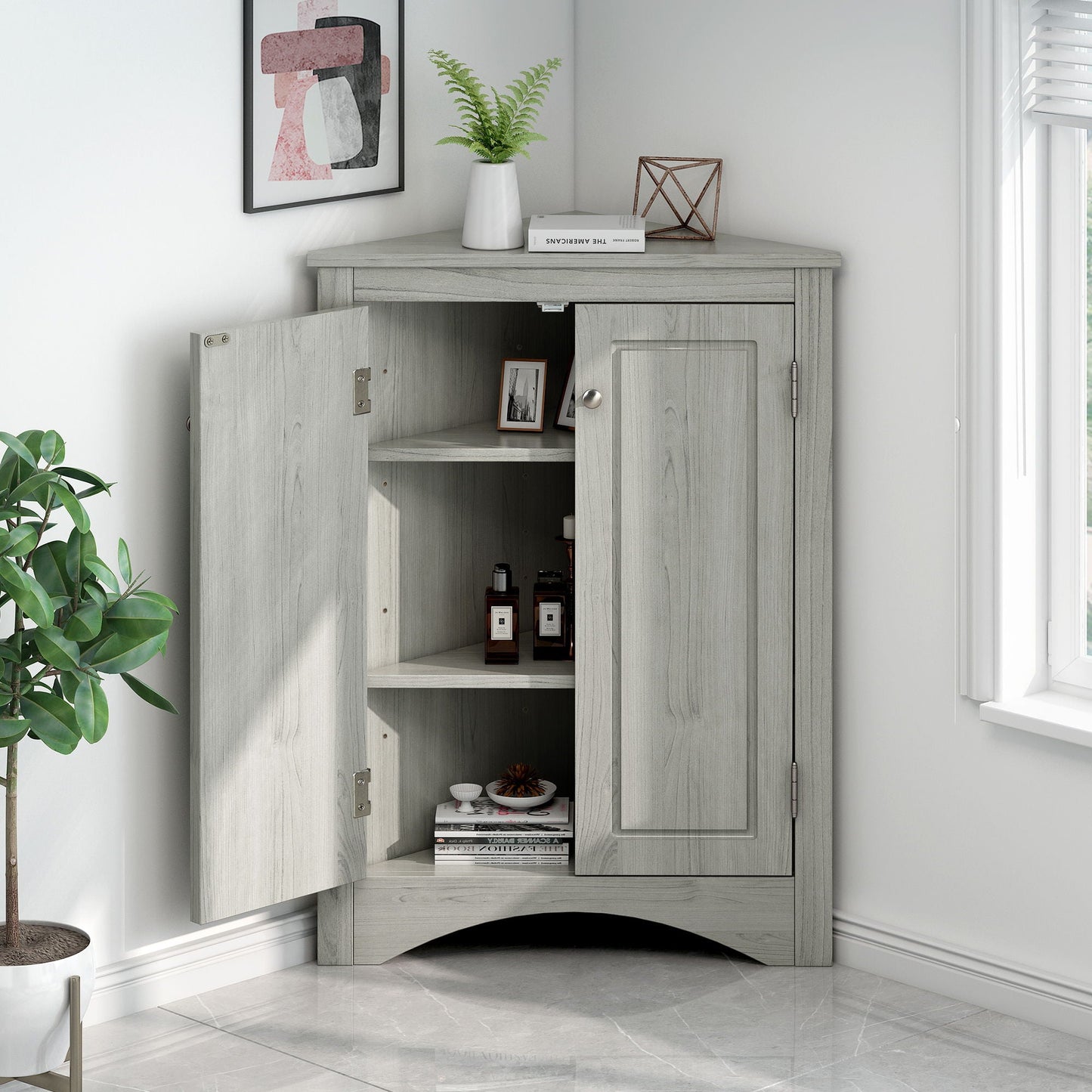 Triangle bathroom storage cabinet with adjustable shelves in gray wood, linen cabinet on Tampa Home & Garden Store