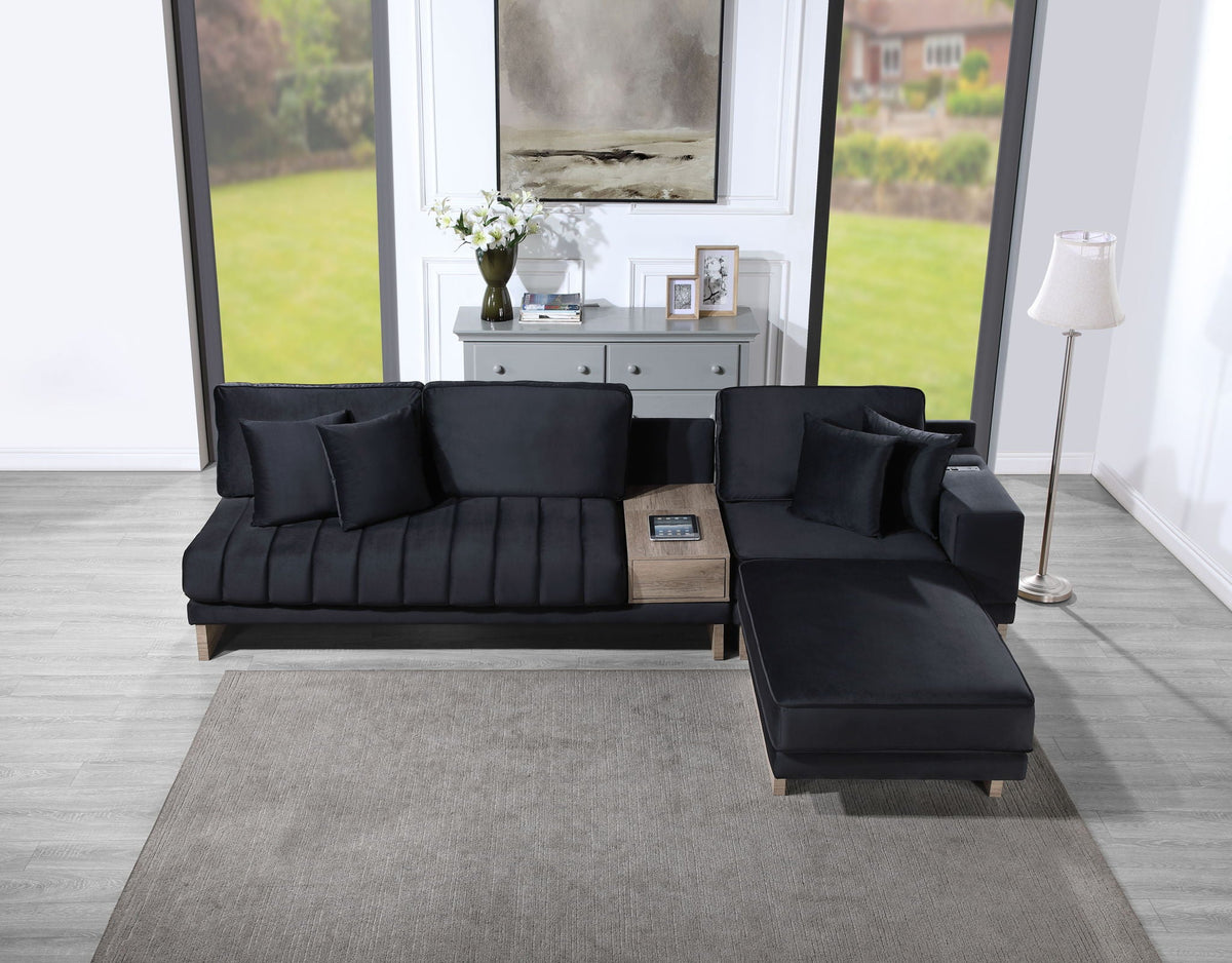 Memphis reversible sectional sofa with storage ottoman, black upholstery, wood legs on Tampa Home & Garden Store