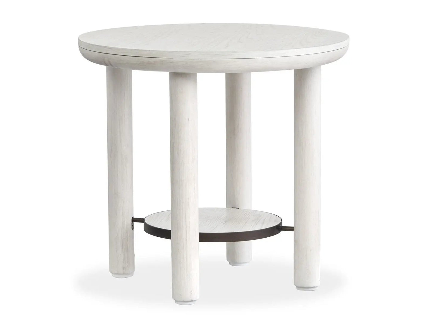 Sunset Cove Round End Table whitewashed wood with four legs and dark metal shelf on Tampa Home & Garden Store