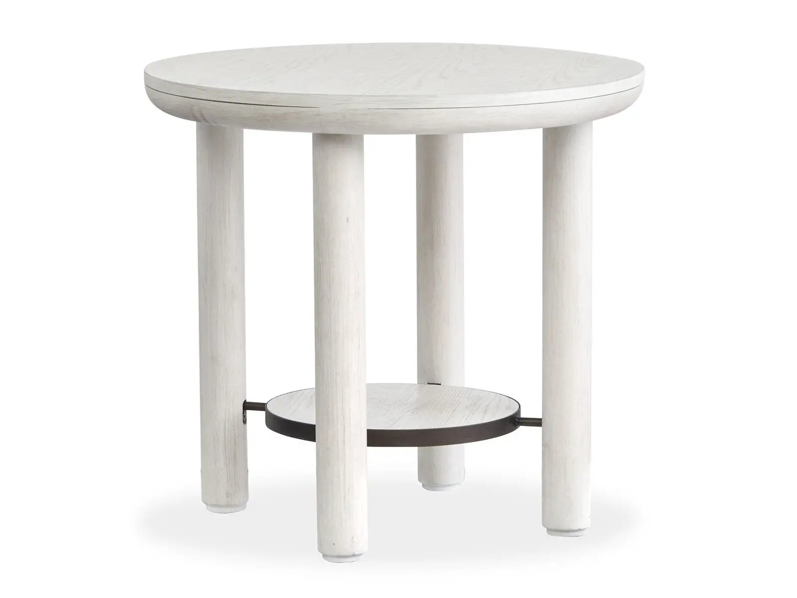 Sunset Cove Round End Table whitewashed wood with four legs and dark metal shelf on Tampa Home & Garden Store