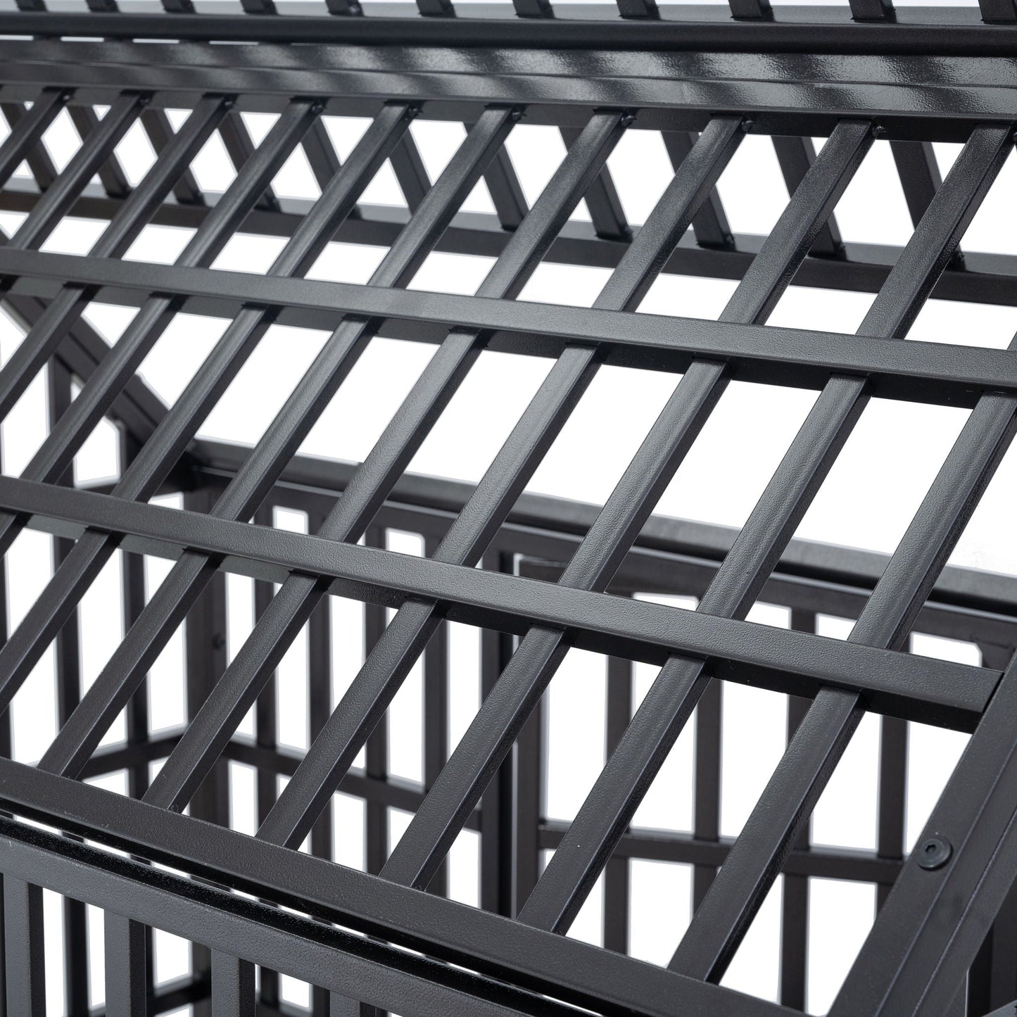 Heavy duty black metal dog crate frame with crisscrossing slat grid on Tampa Home & Garden Store