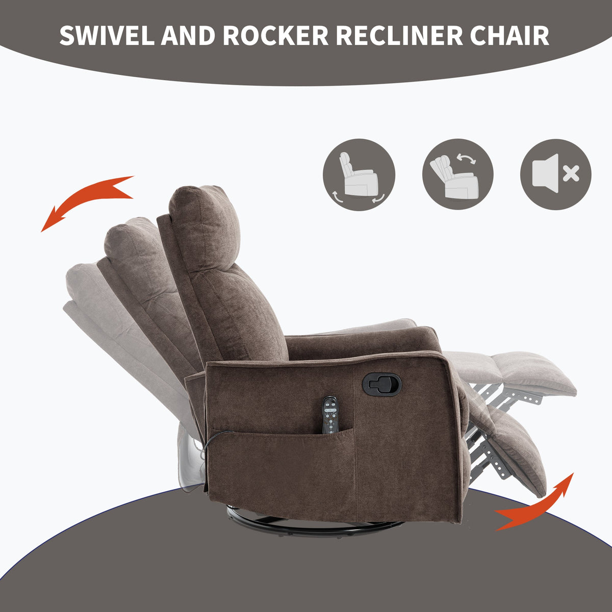 Heat Massage Manual Recliner Chair by HouseOfZazla with brown fabric, rocker and swivel, remote on Tampa Home & Garden Store