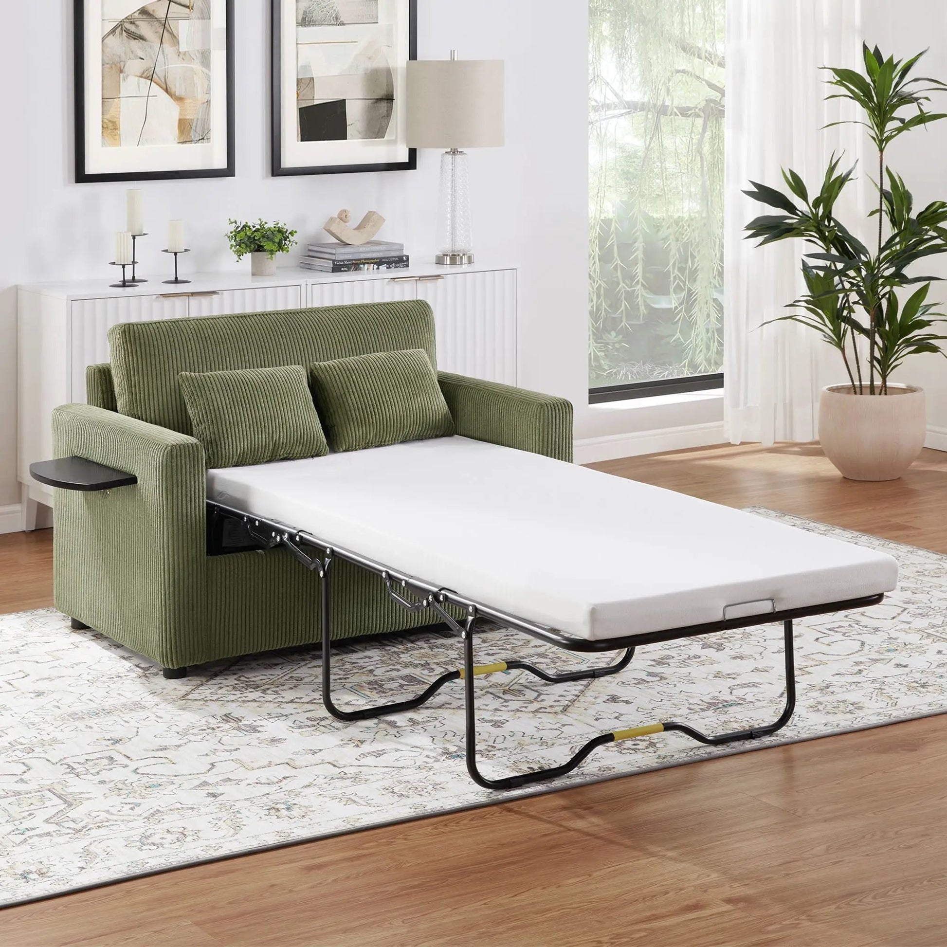 Sleeper sofa with fold-out mattress in green by Unique Piece Furniture with USB ports on Tampa Home & Garden Store