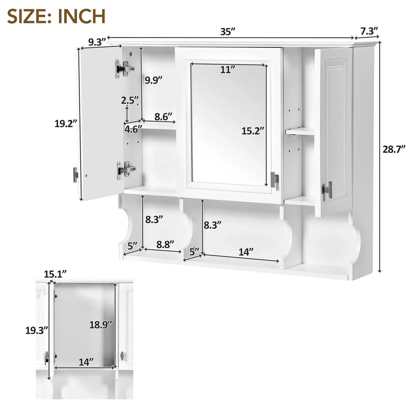 Wall-mounted bathroom medicine cabinet with mirror and open shelves, white finish on Tampa Home & Garden Store