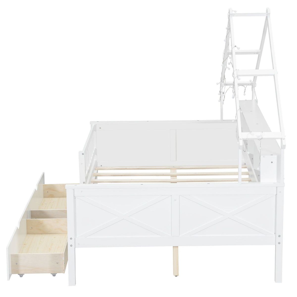 HouseOfZazla House Style Platform Bed with LED lights, drawers, shelves, guardrail, white finish on Tampa Home & Garden Store