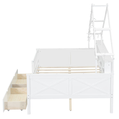 HouseOfZazla House Style Platform Bed with LED lights, drawers, shelves, guardrail, white finish on Tampa Home & Garden Store