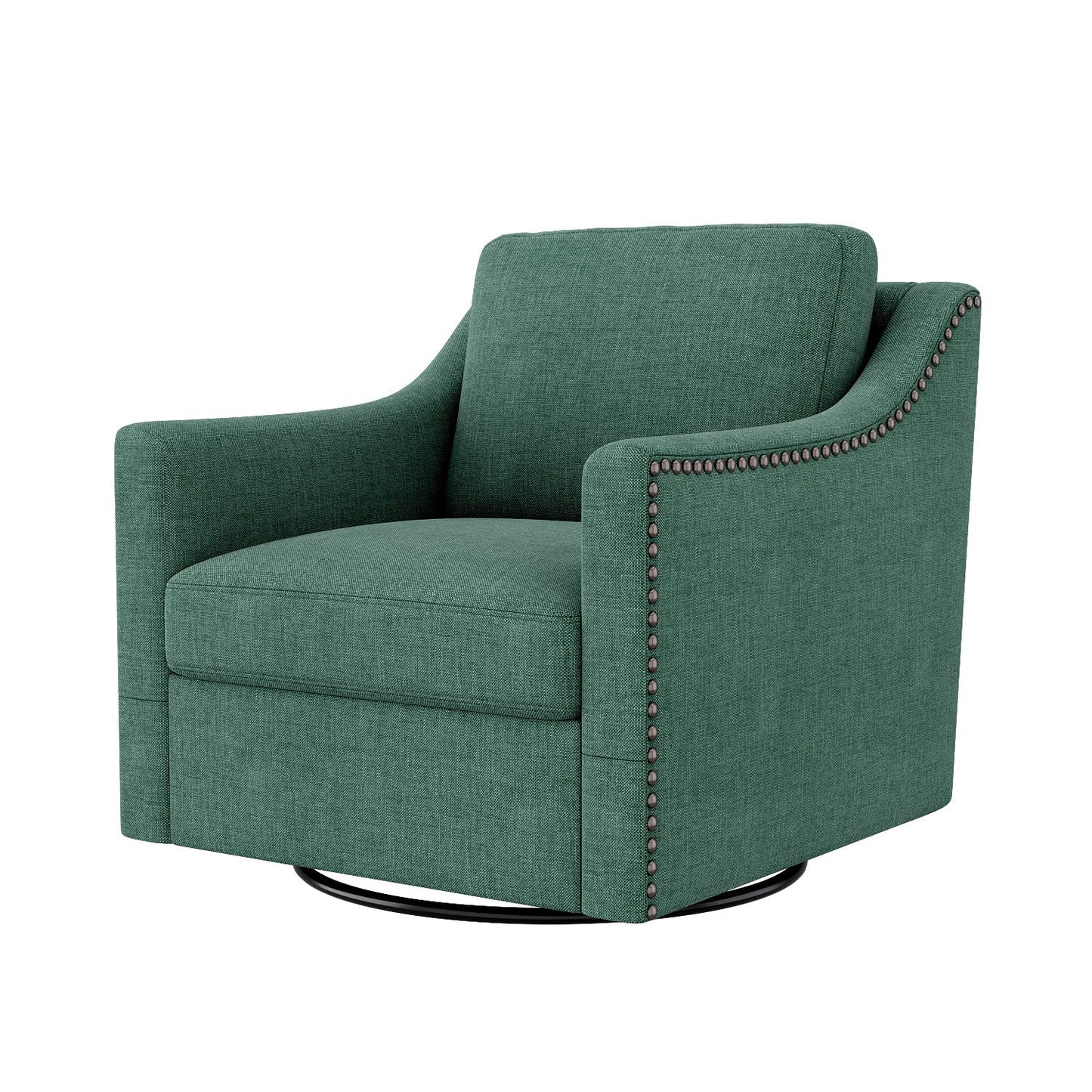360 Degree Swivel Armchair green cotton-linen fabric with brass nail detailing, round base on Tampa Home & Garden Store