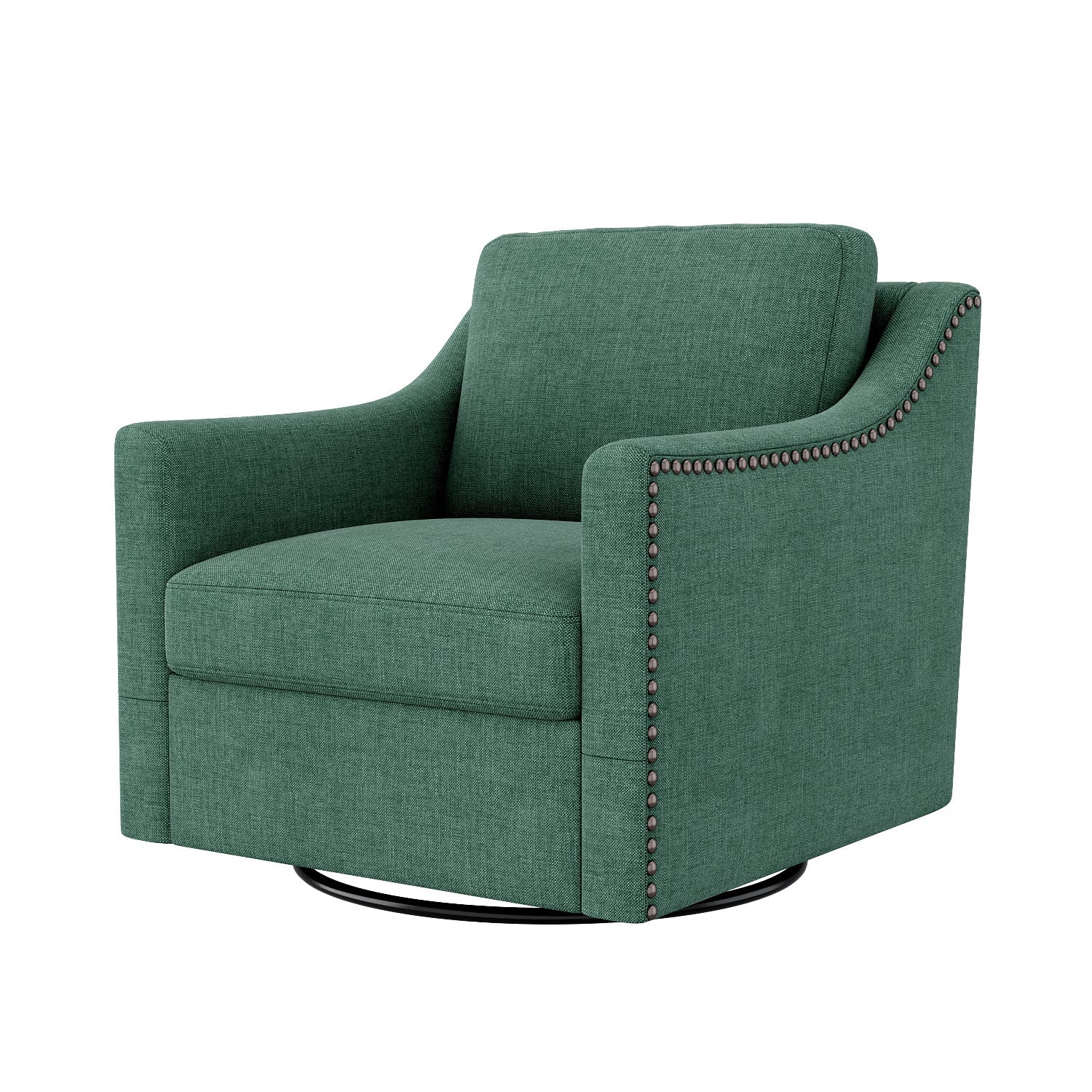 360 Degree Swivel Armchair green cotton-linen fabric with brass nail detailing, round base on Tampa Home & Garden Store