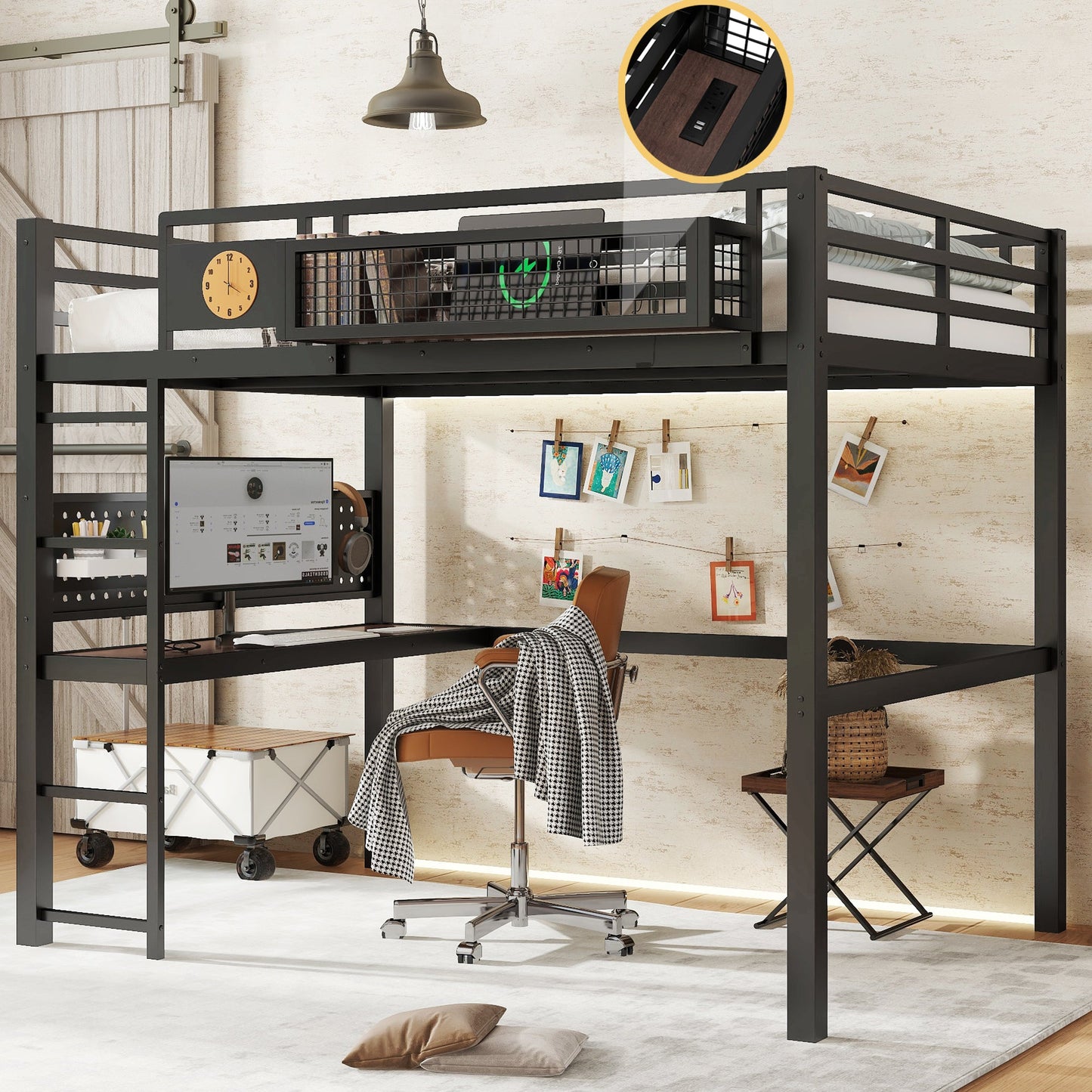 Metal Loft Bed with Desk and Charging Port