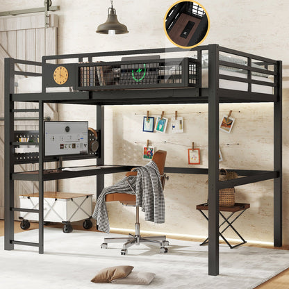 Metal Loft Bed with Desk and Charging Port
