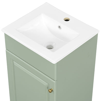 Bathroom vanity with white sink top on sage green cabinet with brass knob on Tampa Home & Garden Store