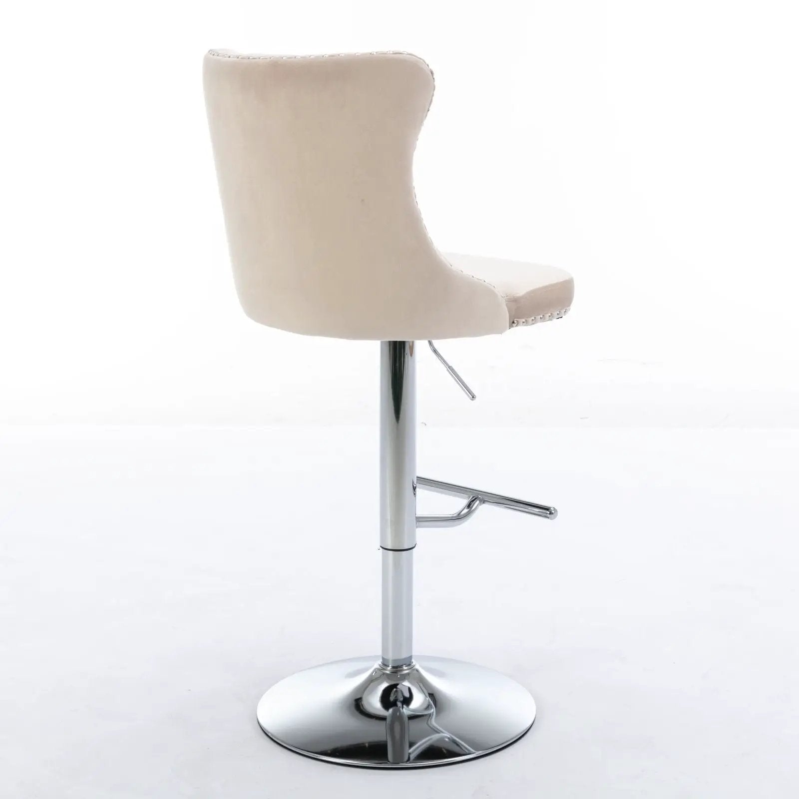 Unique Piece Furniture beige tufted swivel bar stool with nailhead trim and chrome pedestal base on Tampa Home & Garden Store