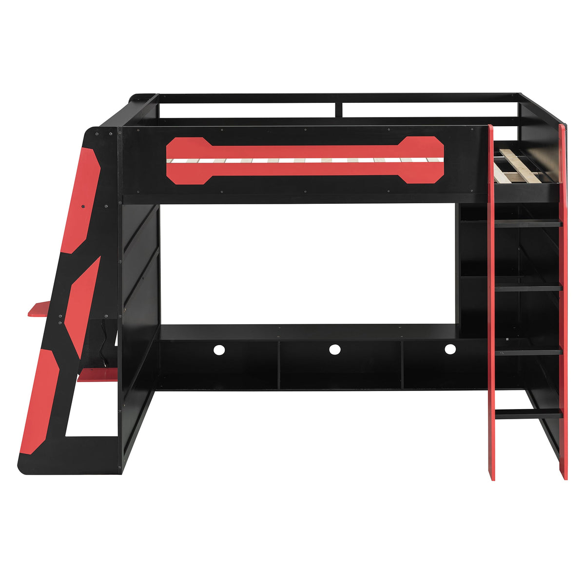 Full Size Wood Loft Bed with Desk RGB lighting black frame with red accents shelves HouseOfZazla on Tampa Home & Garden Store