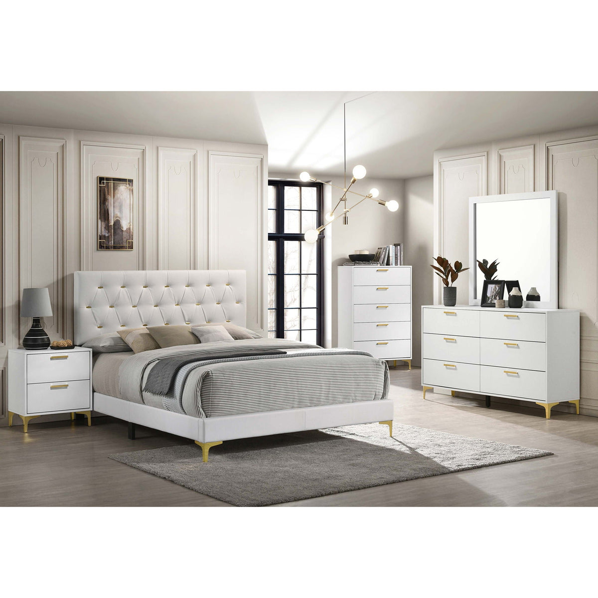 James panel bed in white upholstered fabric with tufted headboard; white nightstands on Tampa Home & Garden Store