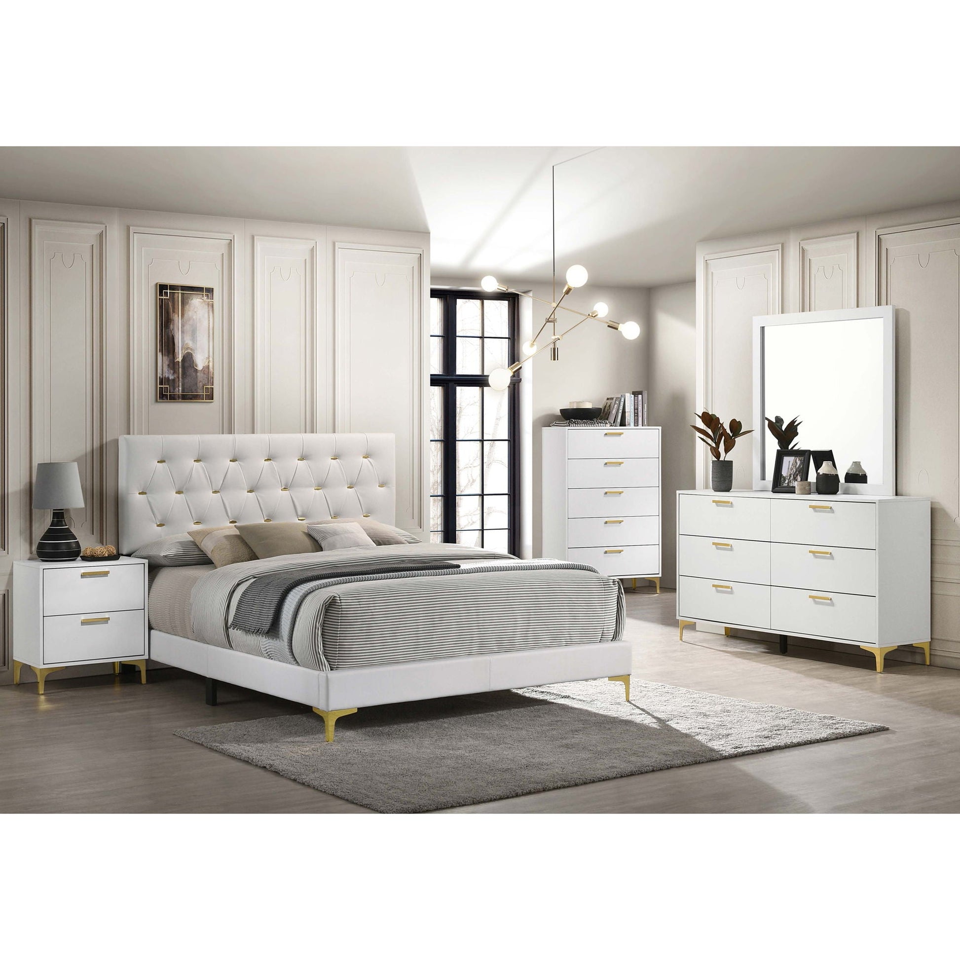 James panel bed in white upholstered fabric with tufted headboard; white nightstands on Tampa Home & Garden Store