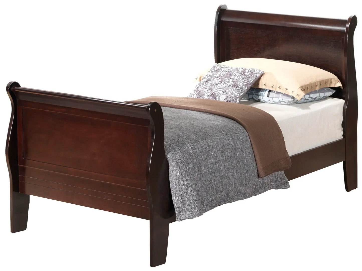 Louis Phillipe Panel Sleigh Bed in dark mahogany solid wood with curved headboard on Tampa Home & Garden Store