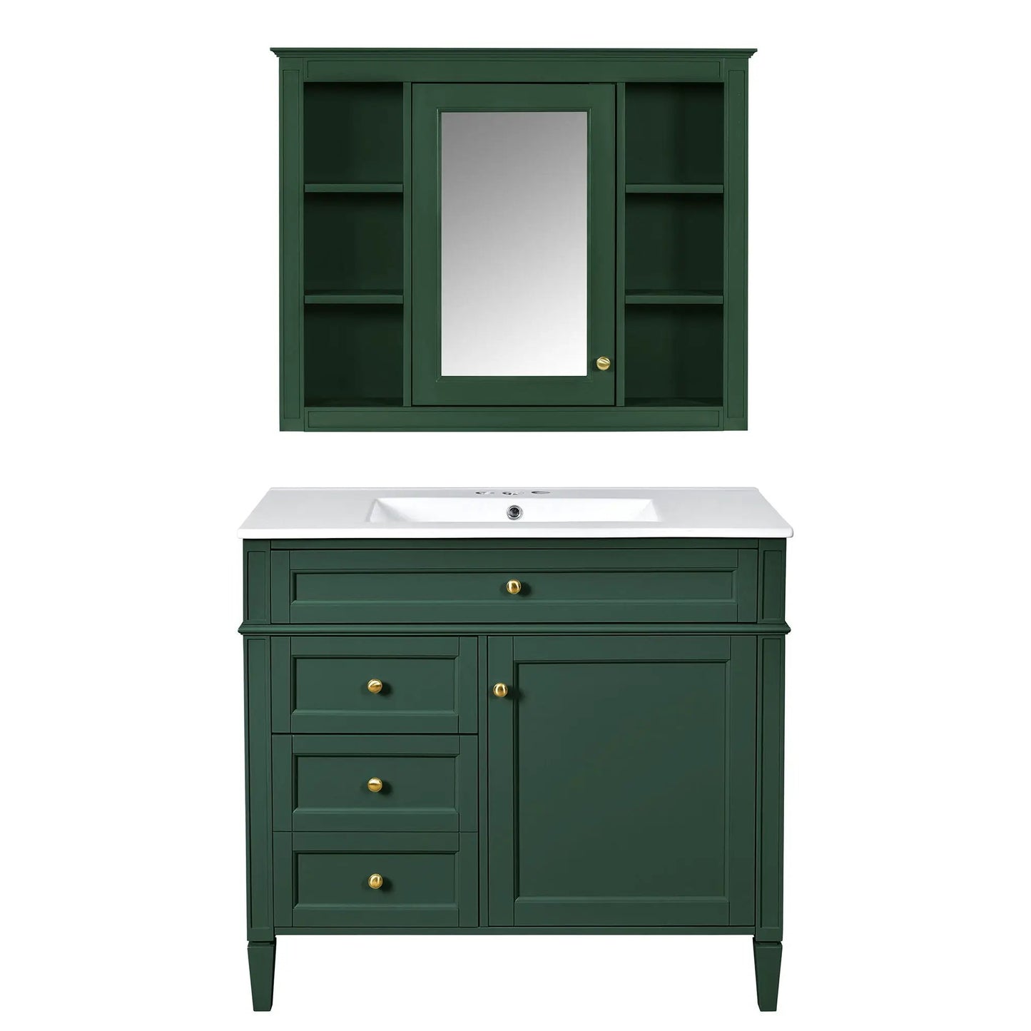 Green bathroom vanity with mirror cabinet, mirrored door with brass knob, side open shelves on Tampa Home & Garden Store