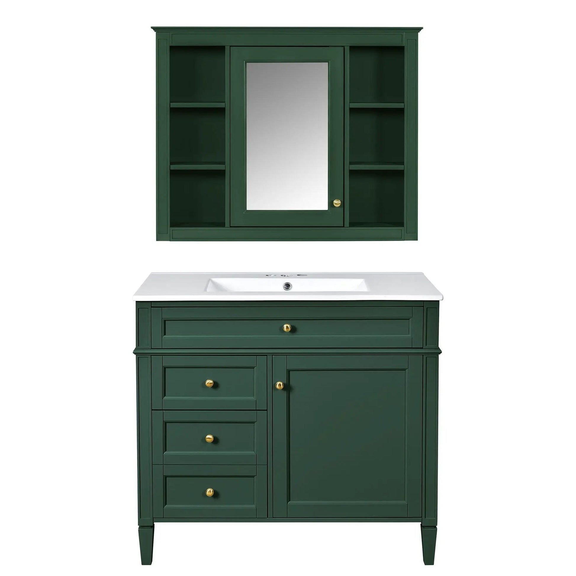 Green bathroom vanity with mirror cabinet, mirrored door with brass knob, side open shelves on Tampa Home & Garden Store